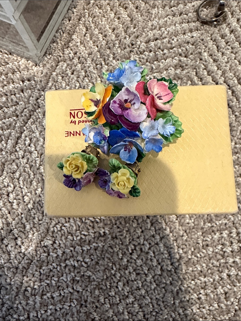 Staffordshire England Green Porcelain Flower Brooch with matching clip earrings